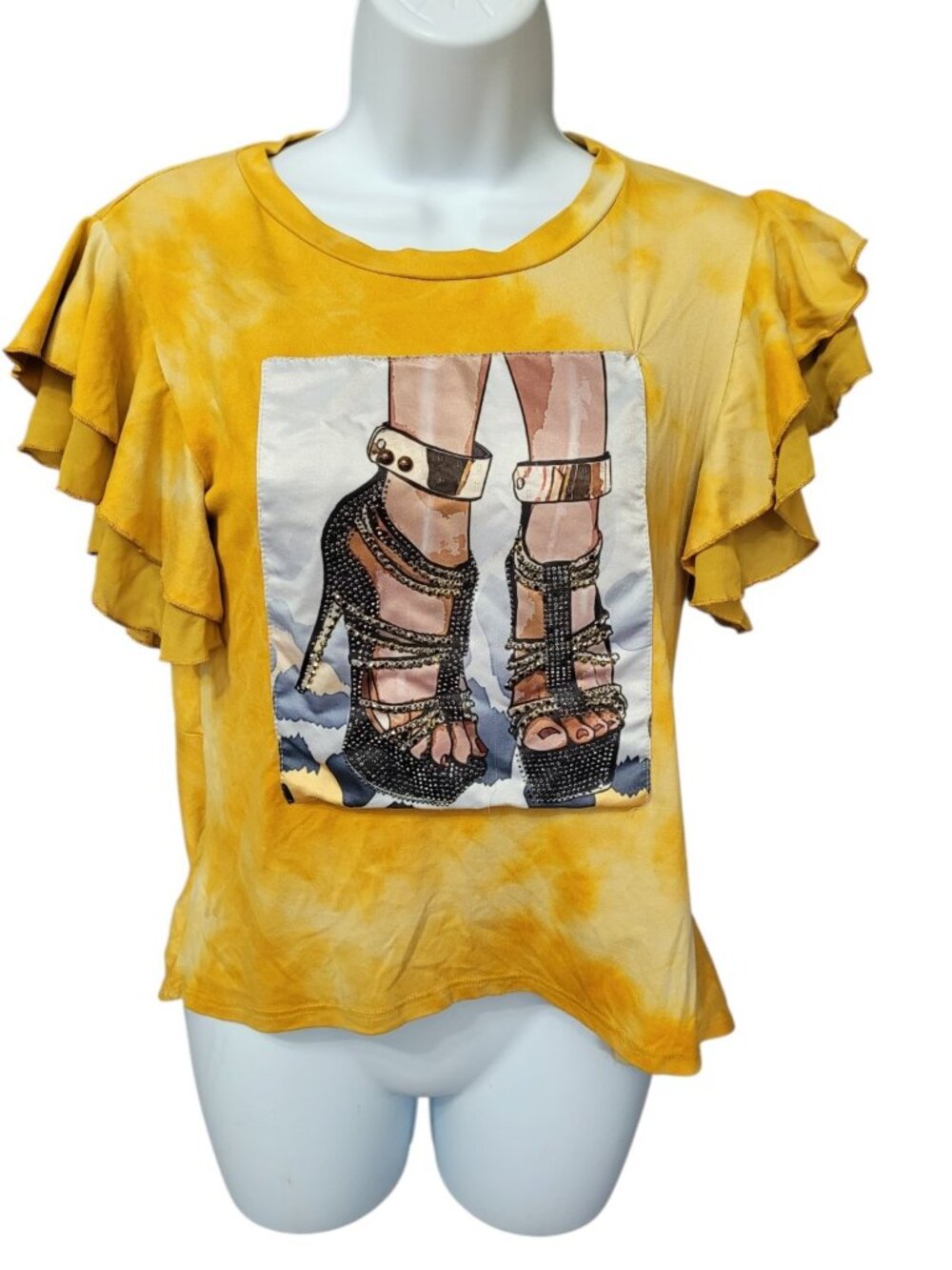Vintage Y2K Davida Hi Lo Tie Dye Top Studded‎ Heels Graphic Yellow Flutter S